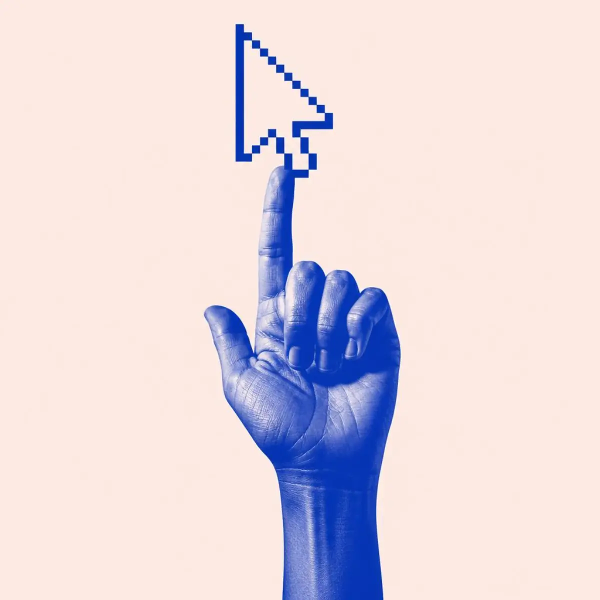 A cobalt blue hand reaching to touch a pixelated cursor